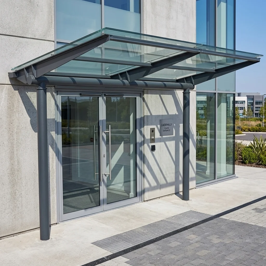 Minimalist Caerphilly entrance canopy with glazed roof panels and stainless steel brackets