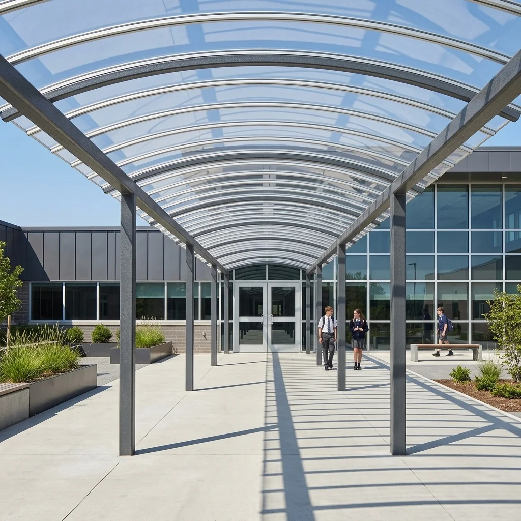 Dundee curved covered walkway in red powder-coated steel connecting buildings