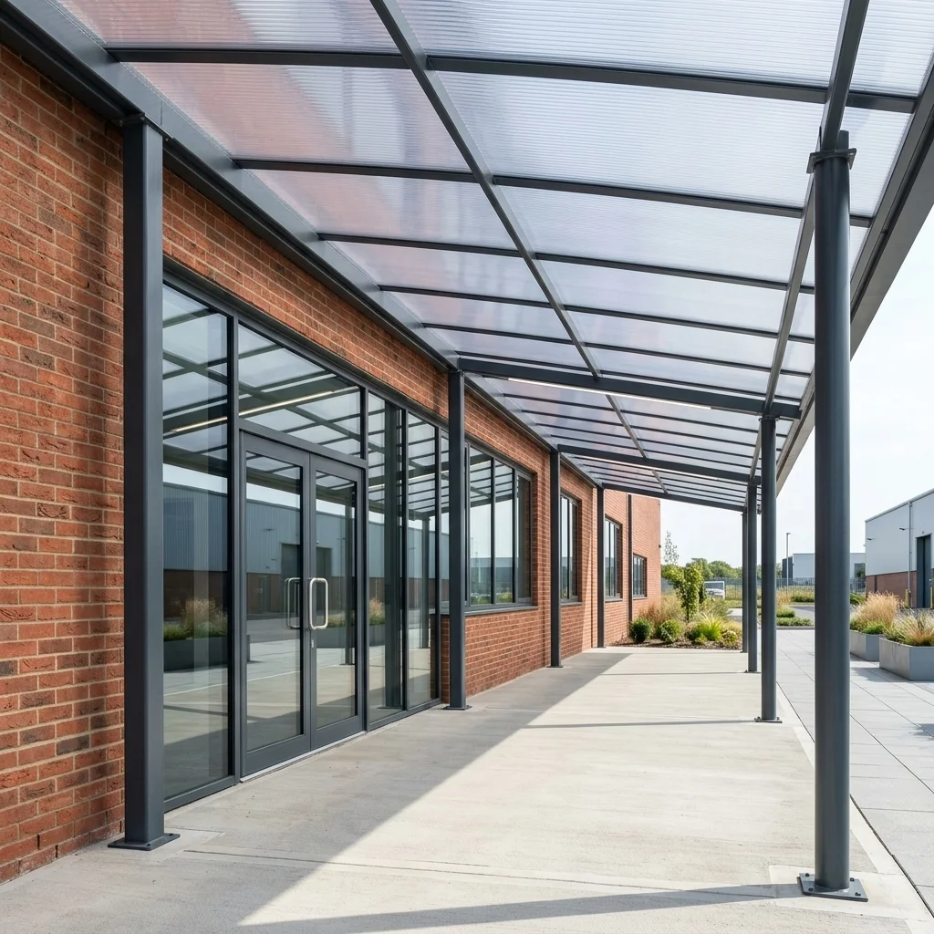 Lean-to shelter system with steel stanchions providing outdoor classroom coverage